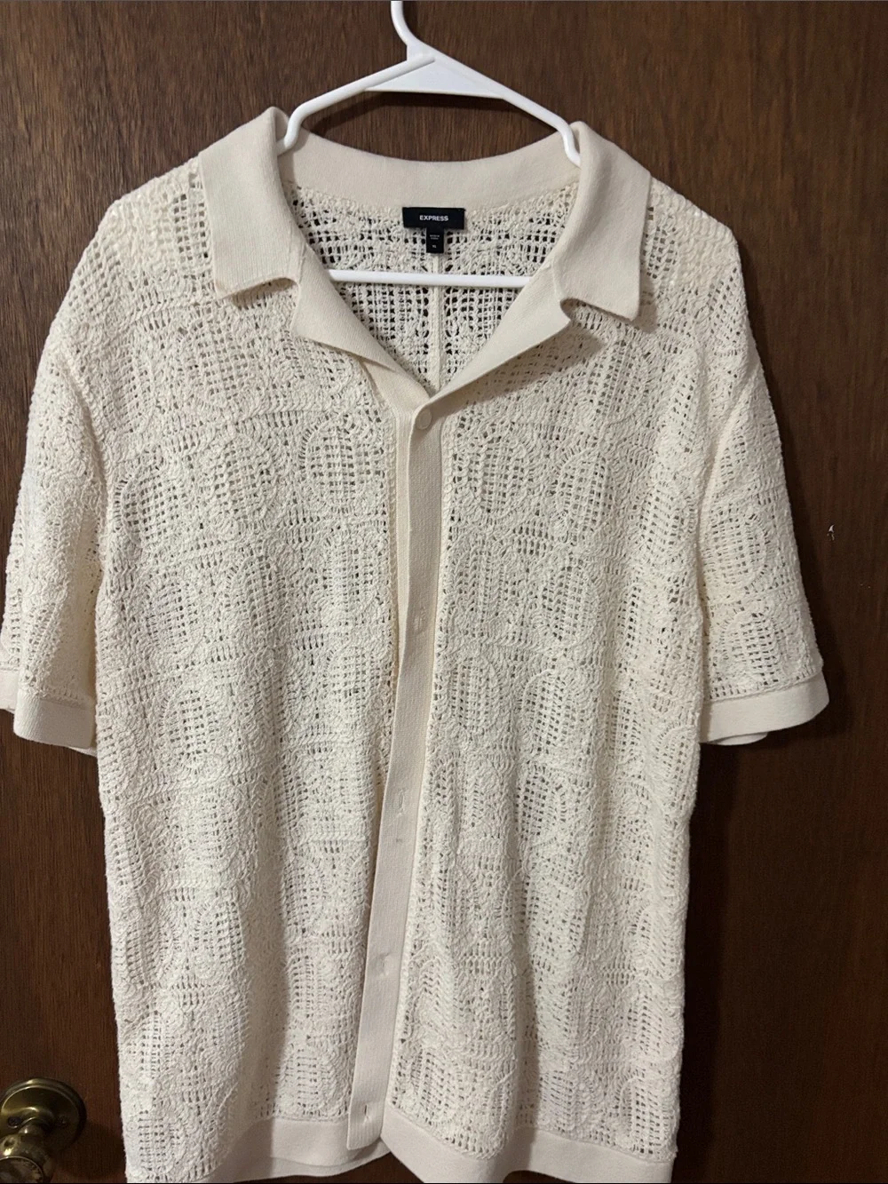 Express Men's Cream Open-Knit Short-Sleeve Shirt Jacket
